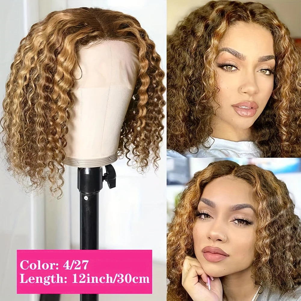 Deep Wave Short Bob Wigs Human Hair 13x4 Highlight 4/27 Honey Blonde Hair Lace Front Wig Curly Virgin Human Hair For Black Women