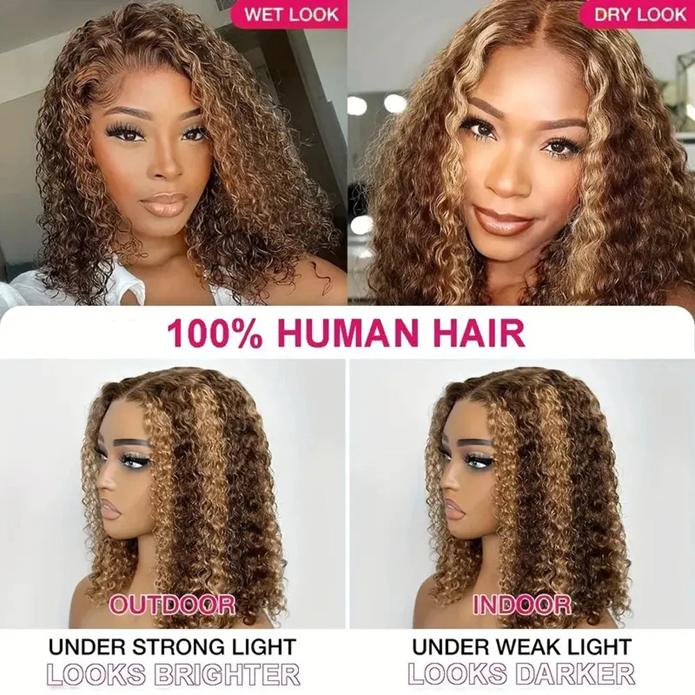 Deep Wave Short Bob Wigs Human Hair 13x4 Highlight 4/27 Honey Blonde Hair Lace Front Wig Curly Virgin Human Hair For Black Women