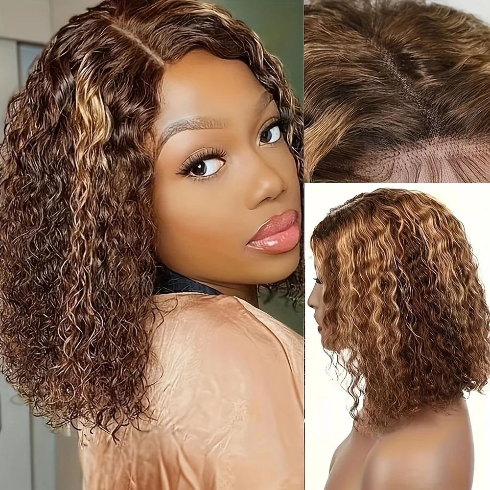 Deep Wave Short Bob Wigs Human Hair 13x4 Highlight 4/27 Honey Blonde Hair Lace Front Wig Curly Virgin Human Hair For Black Women