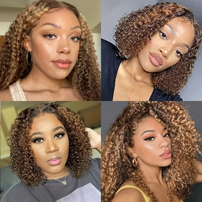 Deep Wave Short Bob Wigs Human Hair 13x4 Highlight 4/27 Honey Blonde Hair Lace Front Wig Curly Virgin Human Hair For Black Women