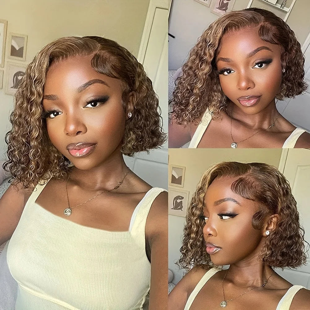 Deep Wave Short Bob Wigs Human Hair 13x4 Highlight 4/27 Honey Blonde Hair Lace Front Wig Curly Virgin Human Hair For Black Women