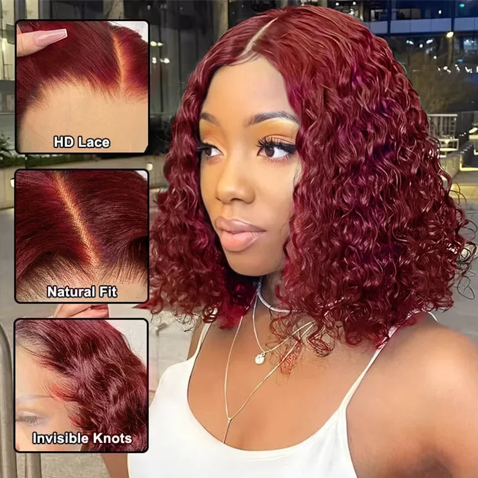 99J Burgundy Deep Wave Lace Front Human Hair Wig Brazilian 13x4 Deep Curly Short Bob Wigs Human Hair Red Colored Water Wave Wig