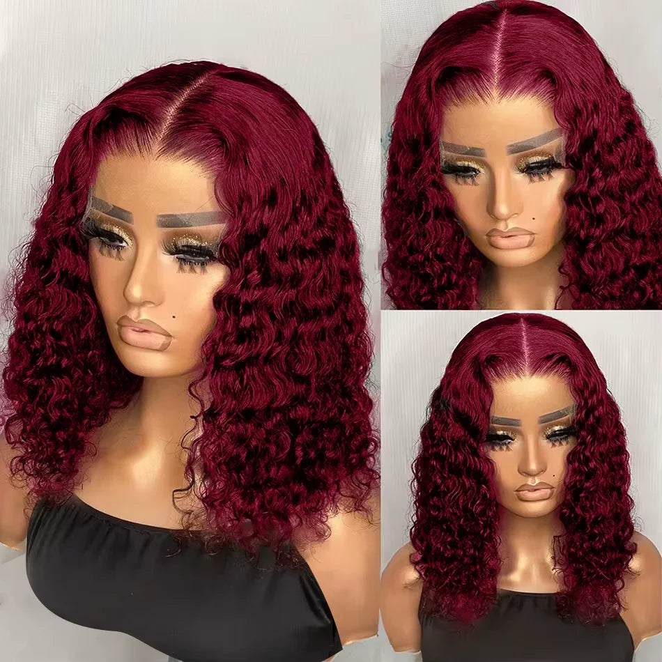 99J Burgundy Deep Wave Lace Front Human Hair Wig Brazilian 13x4 Deep Curly Short Bob Wigs Human Hair Red Colored Water Wave Wig