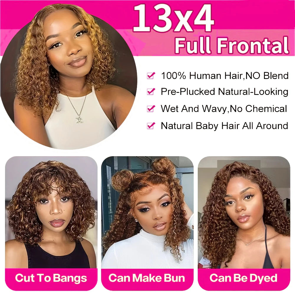 Deep Wave Short Bob Wigs Human Hair 13x4 Highlight 4/27 Honey Blonde Hair Lace Front Wig Curly Virgin Human Hair For Black Women