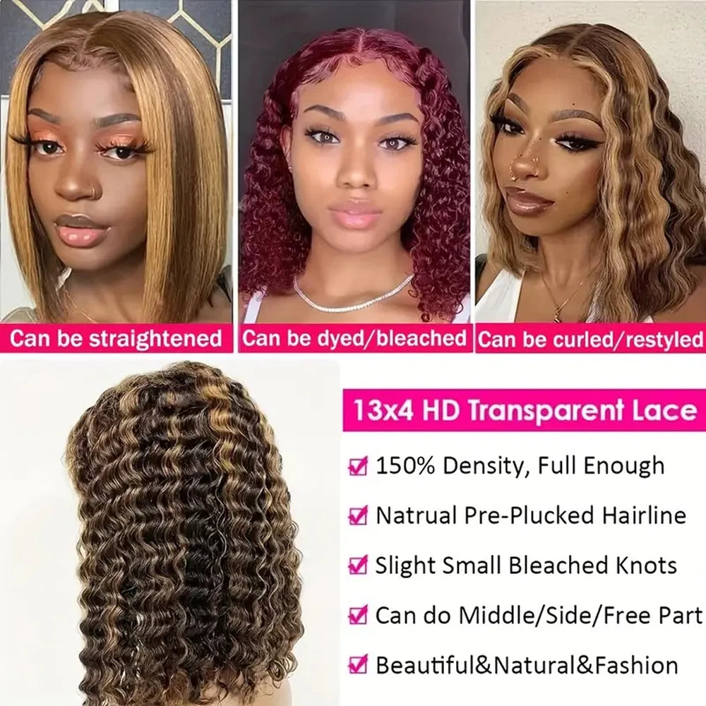 Deep Wave Short Bob Wigs Human Hair 13x4 Highlight 4/27 Honey Blonde Hair Lace Front Wig Curly Virgin Human Hair For Black Women