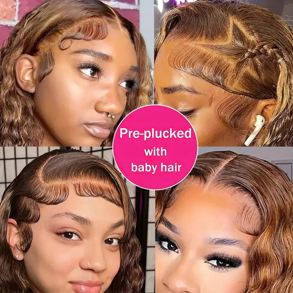 Deep Wave Short Bob Wigs Human Hair 13x4 Highlight 4/27 Honey Blonde Hair Lace Front Wig Curly Virgin Human Hair For Black Women