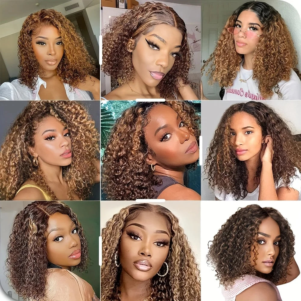 Deep Wave Short Bob Wigs Human Hair 13x4 Highlight 4/27 Honey Blonde Hair Lace Front Wig Curly Virgin Human Hair For Black Women