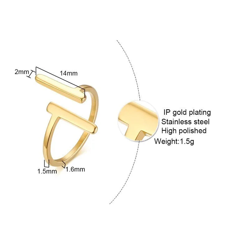 Fashion Charm T Ring For Women ,Irregular Design Openable Stainless Steel Double Bar Rings Asymmetrical Statement Jewelry