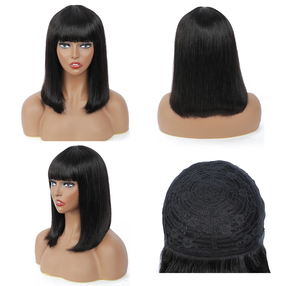 Straight Human Hair Wigs For Women Human Hair Straight Human Hair Bob Hair Wig With Bangs No Lace Fringe Wig Brazilian Hair Sale