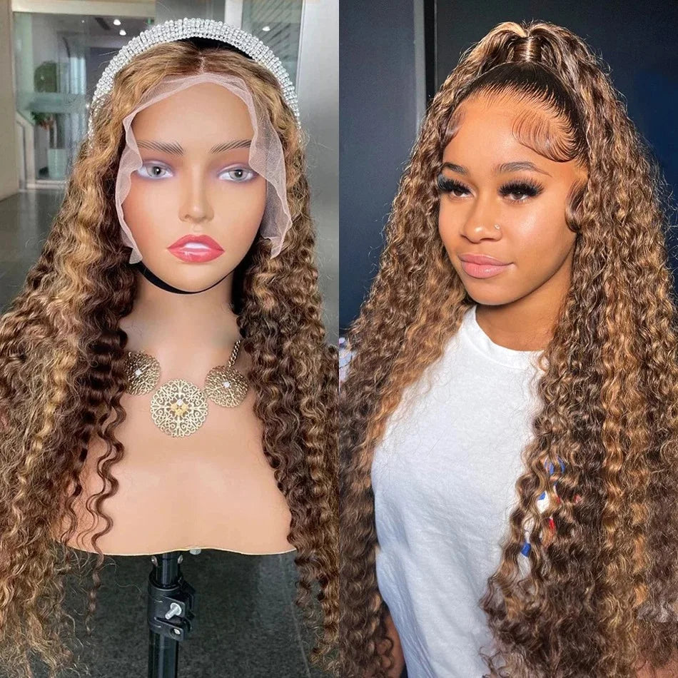 Highlight Wig Human Hair Deep Wave 13x4 Lace Frontal Wig Curly Ombre Transparent Lace Front Wig Colored Honey Blonde Lace Wig