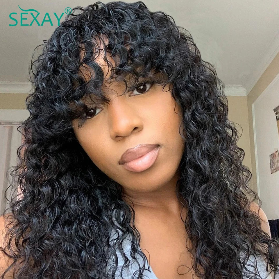 PU Fake Scalp Human Hair Wigs With Bangs 16-32 Inch Brazilian Deep Wave Curly Bangs Human Hair Fringe Wig 180 Density For Women