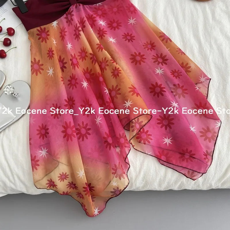 Summer Hot Girl Sexy Beach Party Top Ins Red Fashion Design Halterneck Slip Clothes Korea Elegant Floral Patchwork Bandeau Camis