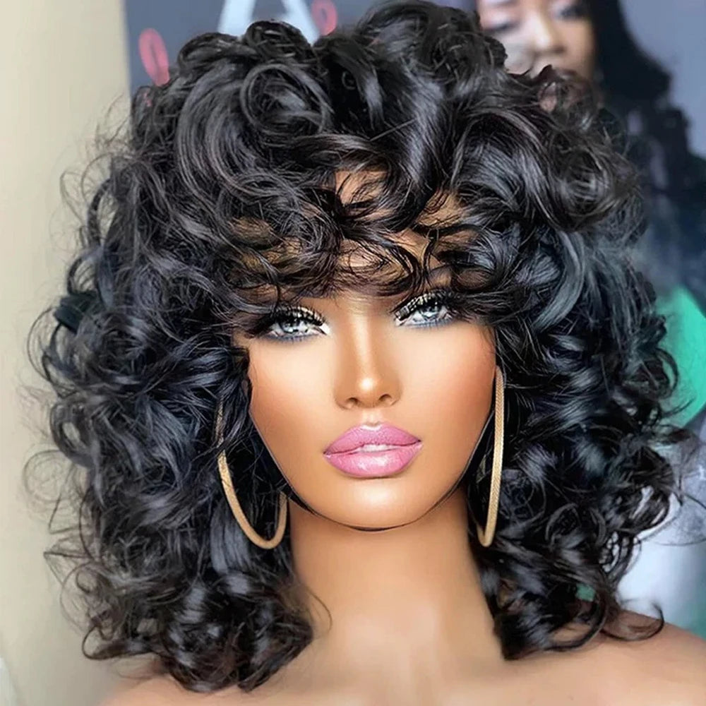 Short Curly Bob Wig Human Hair With Bangs Ready to Go Glueless Bouncy Curly Human Hair Wigs Machine Made Afro Wigs for Women