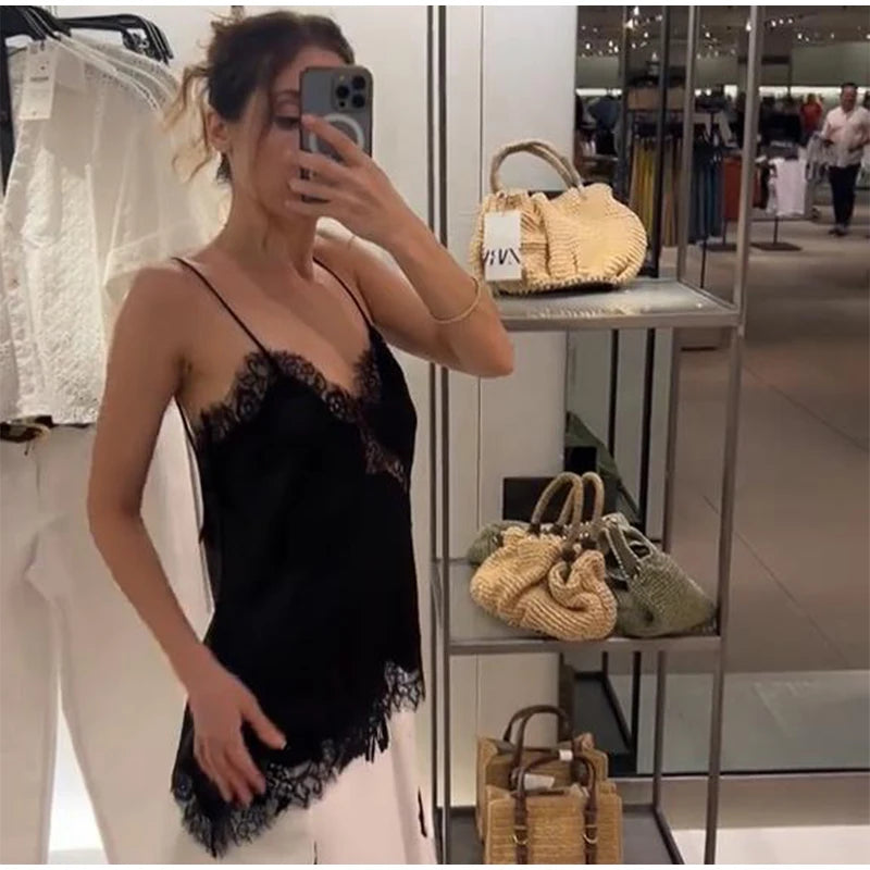 Summer Women Halter Top Satin Lace Spliced Tank Backless Deep Neck Sexy Vest Irregular Hem Vestidos 2025 Lady Vacation Sexy Tops