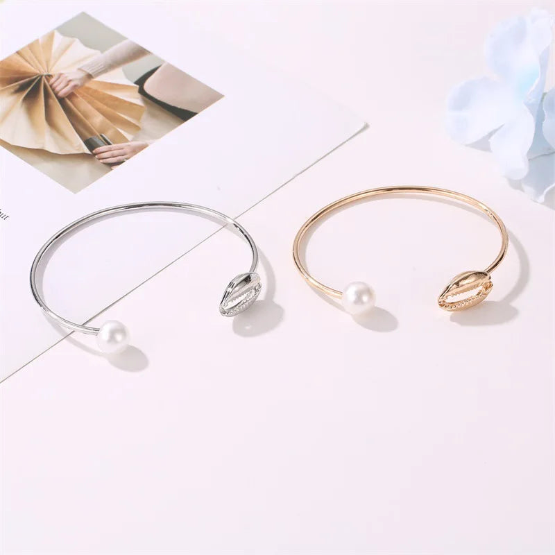 Bling Shell Shaped Bracelet For Women Trend Elegant Heavy Metal Geometry Adjustable Pearl Bracelet Hand Jewelry Accessories Gift