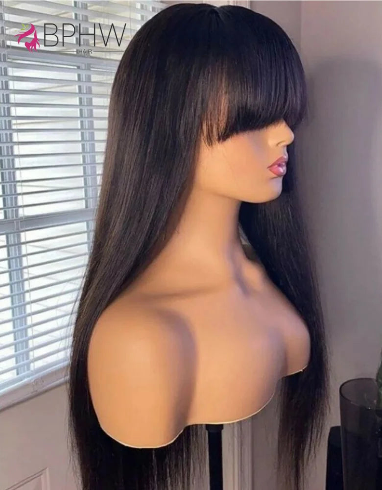 Straight Human Hair Wigs Full Machine Made 100% Human Hair Wigs With Bangs For Women Brazilian Cheap Wig On Sale Clearance BPHW
