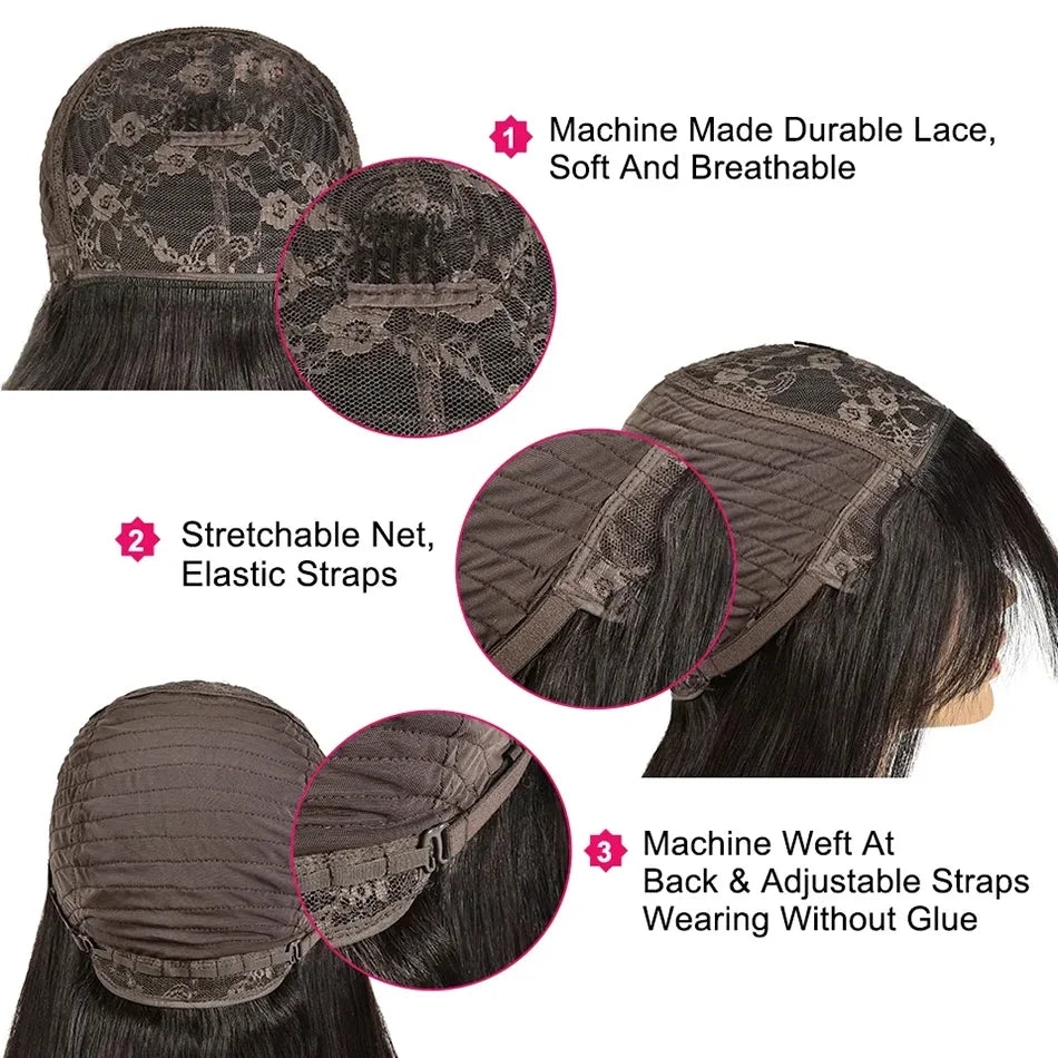 Straight Human Hair Wigs Full Machine Made 100% Human Hair Wigs With Bangs For Women Brazilian Cheap Wig On Sale Clearance BPHW