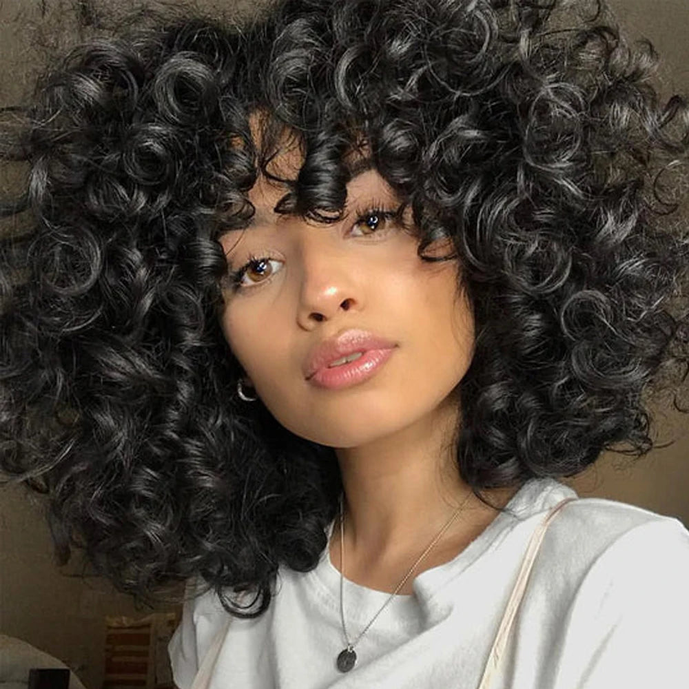 Short Curly Bob Wig Human Hair With Bangs Ready to Go Glueless Bouncy Curly Human Hair Wigs Machine Made Afro Wigs for Women