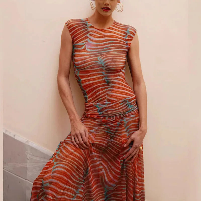 Women's Swimsuit Sexy See Through 2 Piece Set Salmon Print Slim Bikini Suit Summer Sleeveless Bodysuits A Line Long Skirt Outfit