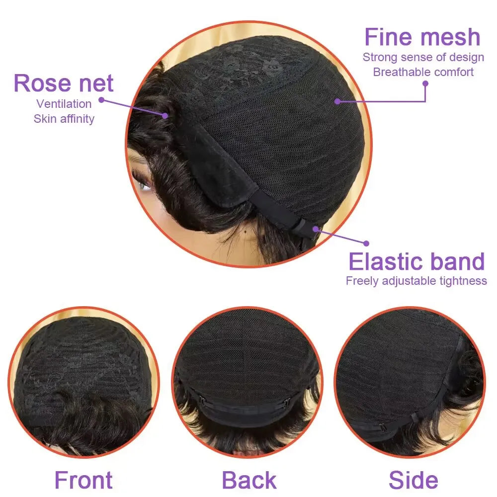 Human Hair Wig Pixie Cut Wig Highlight Short Wig With Bangs Human Hair machine made Wig For Women