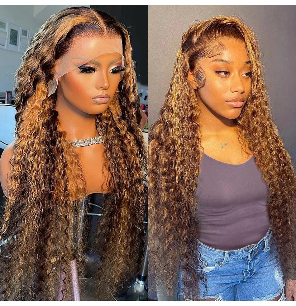 Highlight Wig Human Hair Deep Wave 13x4 Lace Frontal Wig Curly Ombre Transparent Lace Front Wig Colored Honey Blonde Lace Wig