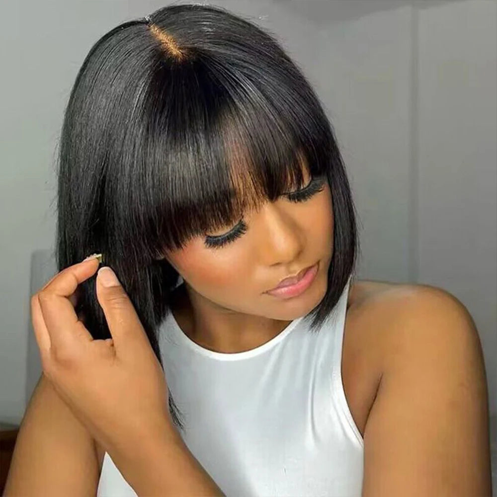 3x1 Hd Lace Straight Human Hair Wig With Bangs Short Bob Human Hair Wigs For Black Women Brazilian 30 34 Inch Long Fringe Wig