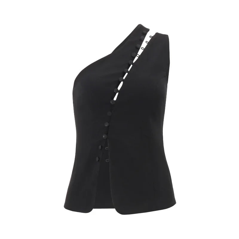 Summer New Fashion Design Oblique Neck Hook Buckles Hot Girl Sleeveless Tank Top