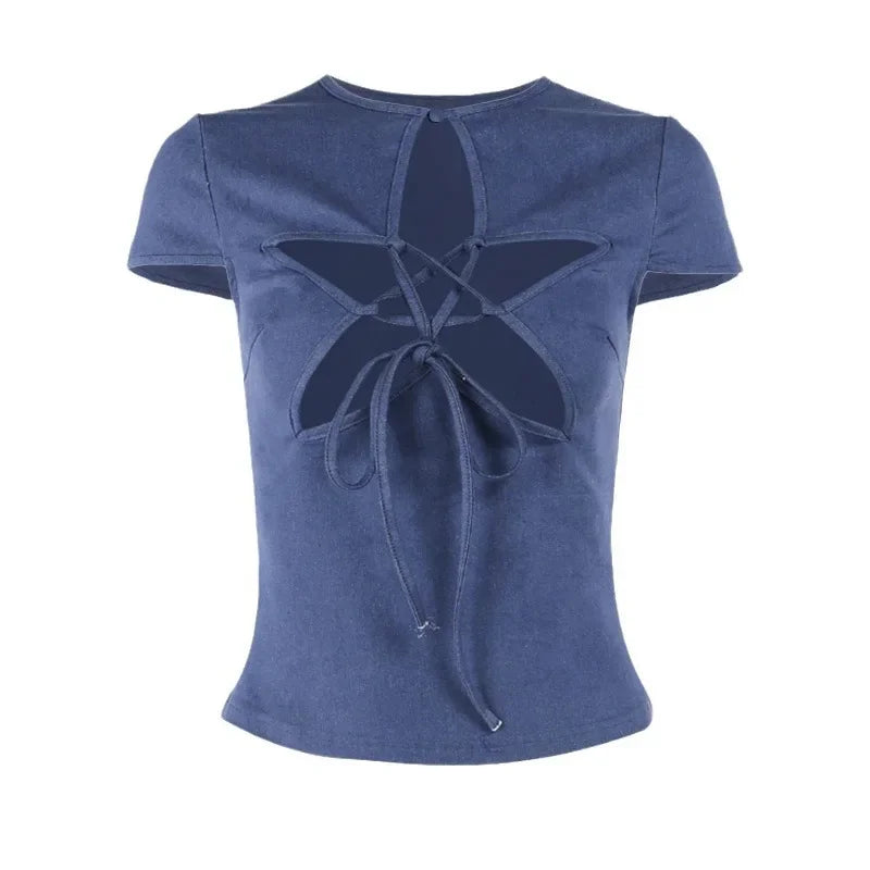 Summer American Hot Trend ins Stars Hollow Lace-Up Top Fashion Tailored Cut Girls Women's T-Shirt