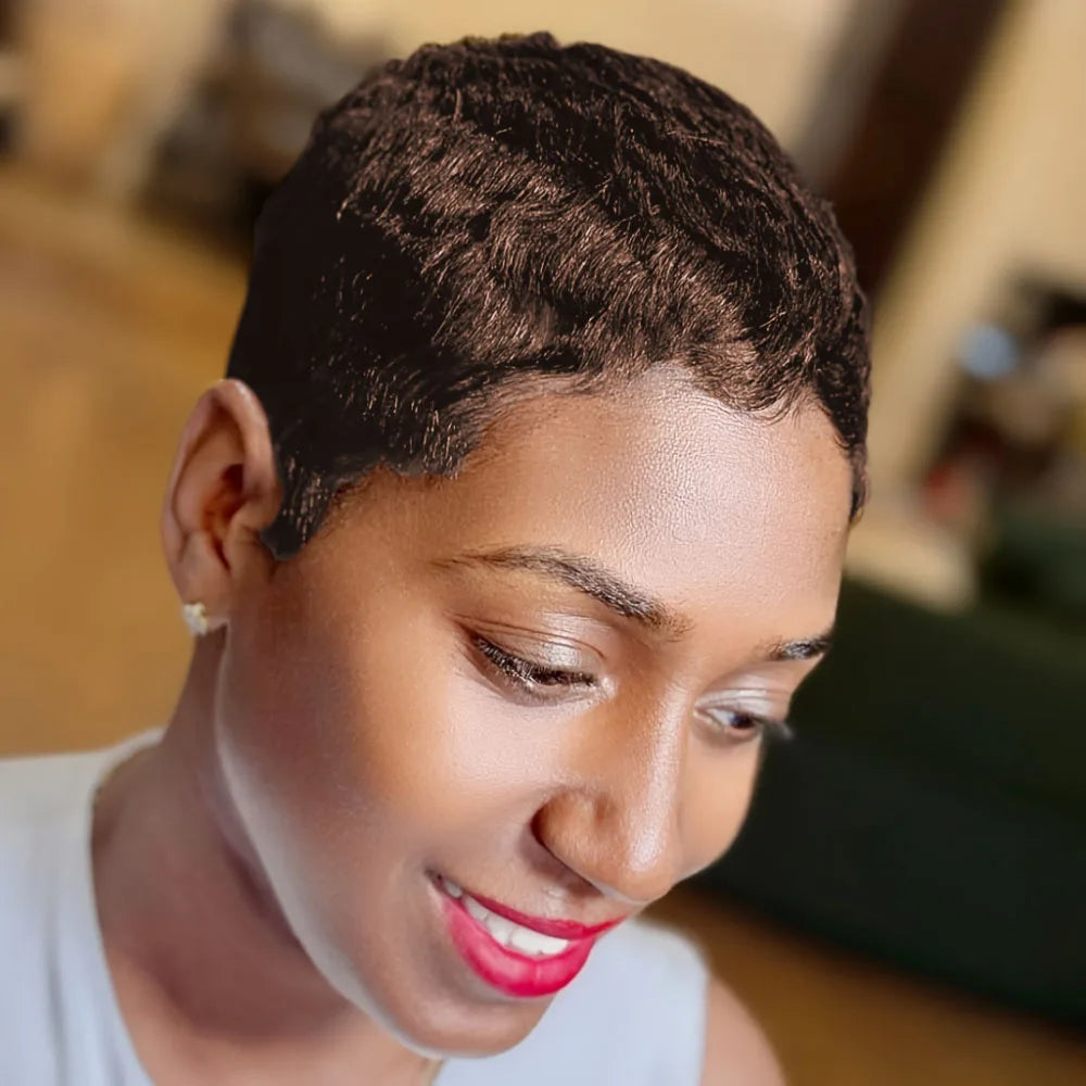 Human Hair Wig Pixie Cut Wig Short Curly Wave Human Hair Wigs for Women Full Machine Made Wig 150% Density 4Inch