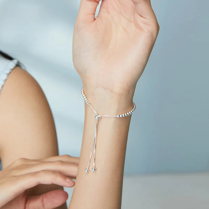 925 Sterling Silver Beads Bracelets for Women 100% Solid Adjustable Handmade Simple Design Fashion Party Wedding Jewelry Gifts