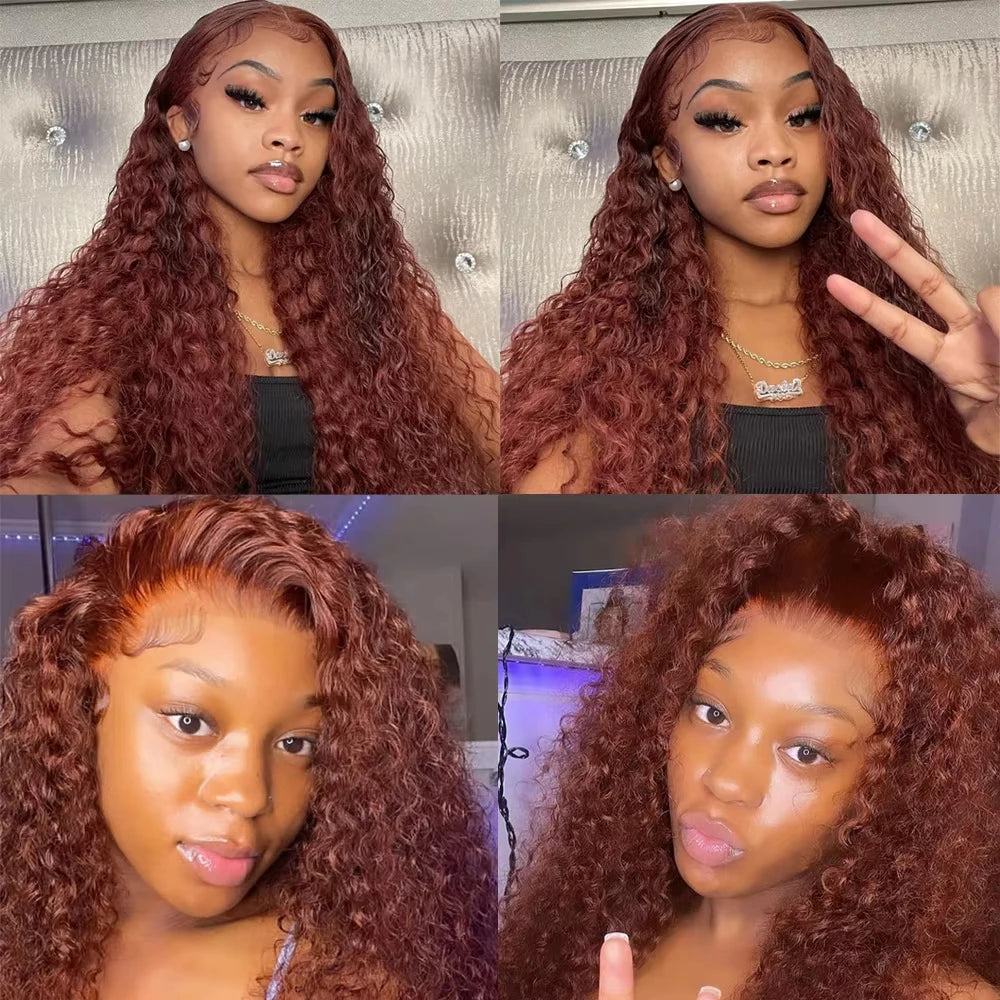 36 Inches Curly Wigs 13×6 Lace Front Human Hair Wig Reddish Brown Glueless Wigs Human Hair Water Wave Human Hair Wigs