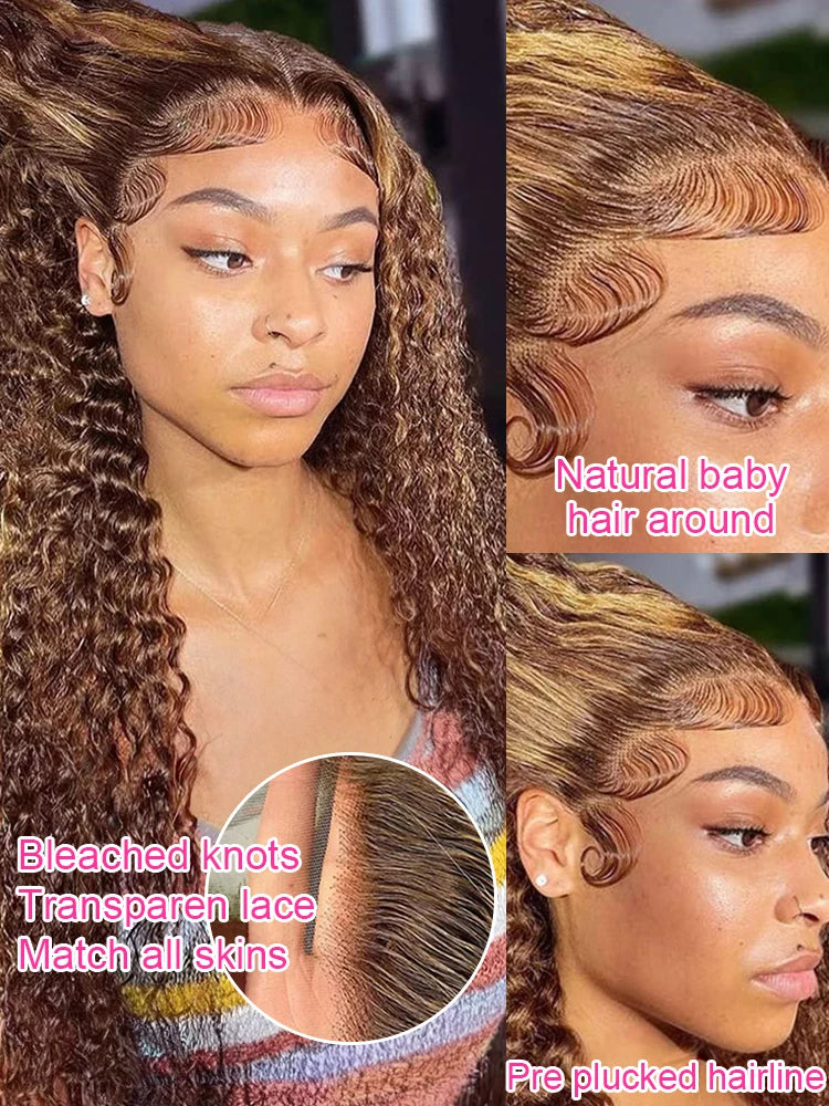 High Density 30 Inch Deep Wave 13x4 HD Lace Front Human Hair Wig Water Wave Curly Transpare Ombre Brown Wig Human Hair For Women