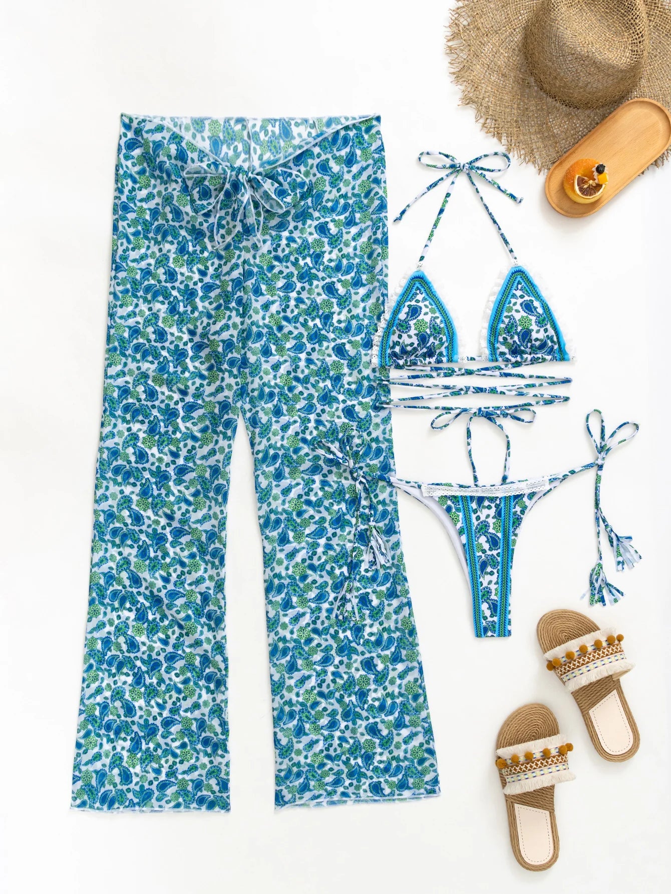 Sexy Women 3 Pieces Swimsuits Cover Ups Swimming Suits Female Swim Wear High Waist Pants Backless Dress Summer Outfits Beachwear