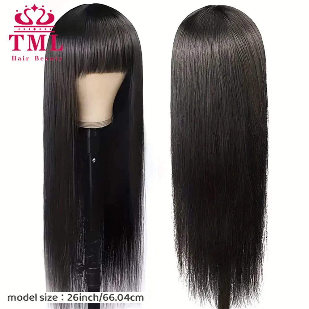 Bone Straight Human Hair Wigs with Bangs For Women Brazilian Natural Cheap Full Machine Made Wigs 30Inch Long Straight Bangs Wig