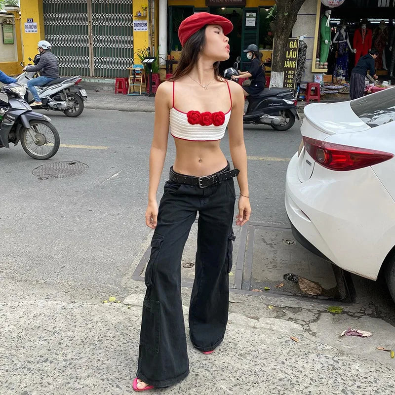 Floral Hot Tops For Women Edgy Clothes Y2k Accessories Knitted Corset Streetwear Spaghetti Strap Ropa Mujer White Camison Verano