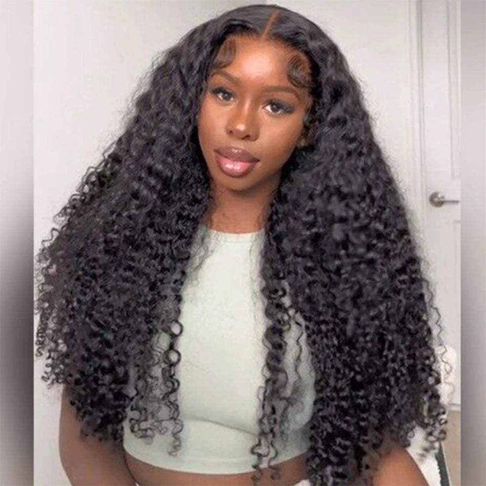 Long Kinky Curly Human Hair Wig For Women Raw Indian Hair 13X4 Transparent Lace Frontal Wig Pre-plucked 30 Inch Natural Color