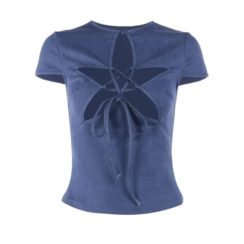 Summer American Hot Trend ins Stars Hollow Lace-Up Top Fashion Tailored Cut Girls Women's T-Shirt