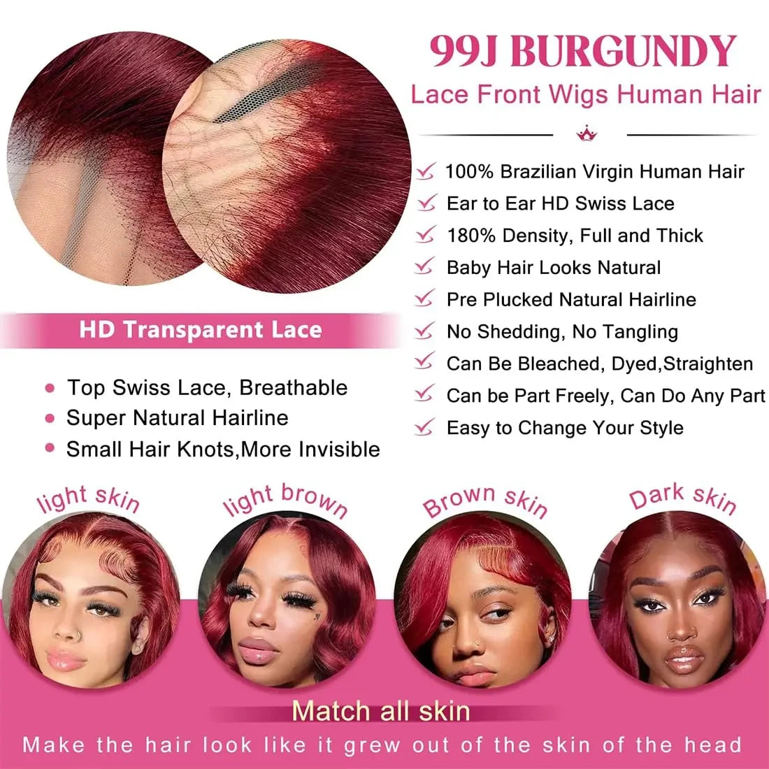 Curly Wigs 30 Inch Burgundy 13x4 Lace Frontal Human Hair Wigs High Density 99J Red Colored Deep Wave Human Hair Wigs Pre Plucked