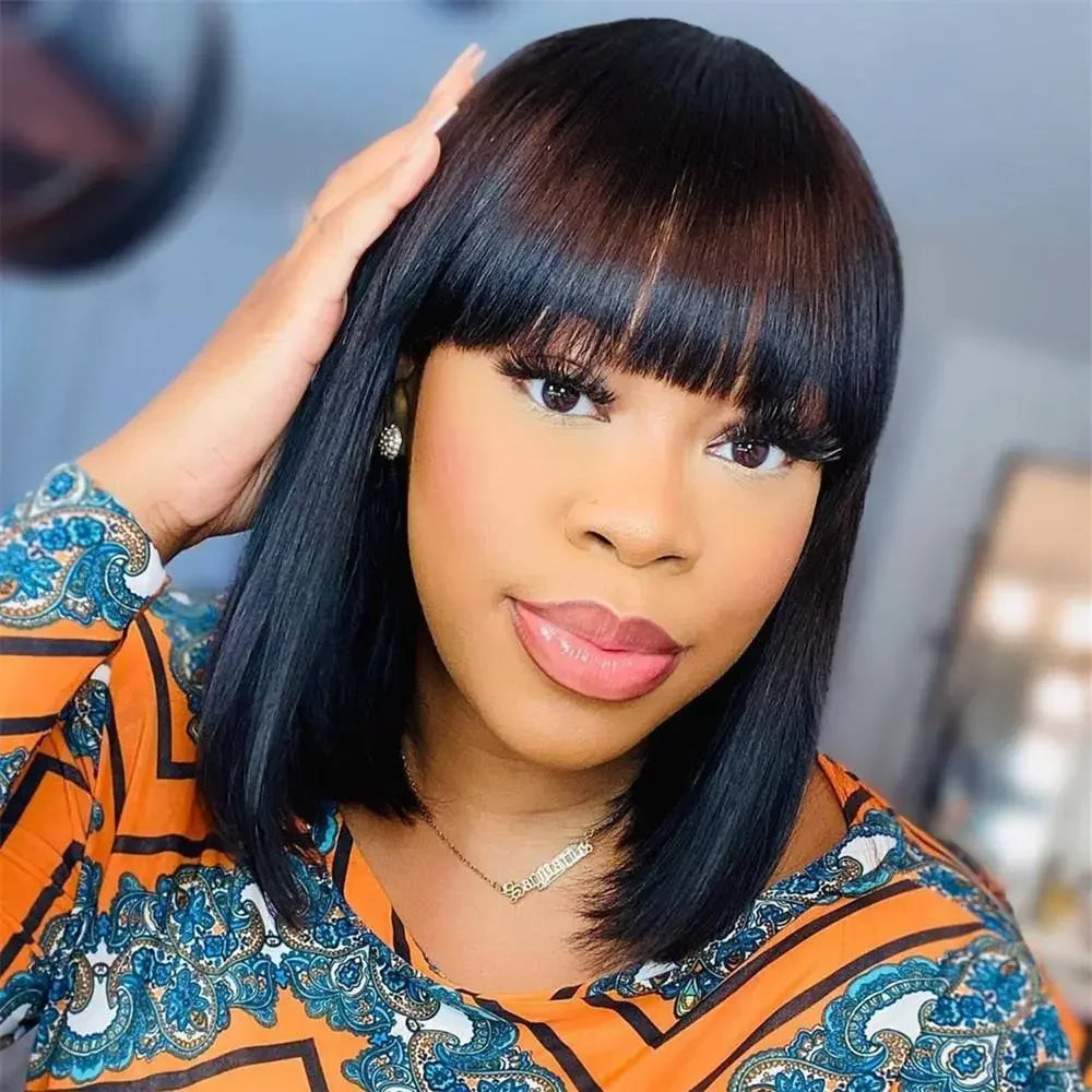12A Straight Human Hair Wig With Bang Brazilian Wig Wholesale Fringe Wig Long Inch Full Machine Made Wig For Women Short Bob Wig