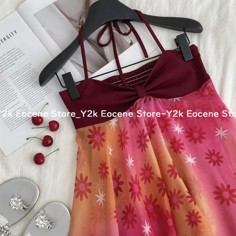 Summer Hot Girl Sexy Beach Party Top Ins Red Fashion Design Halterneck Slip Clothes Korea Elegant Floral Patchwork Bandeau Camis
