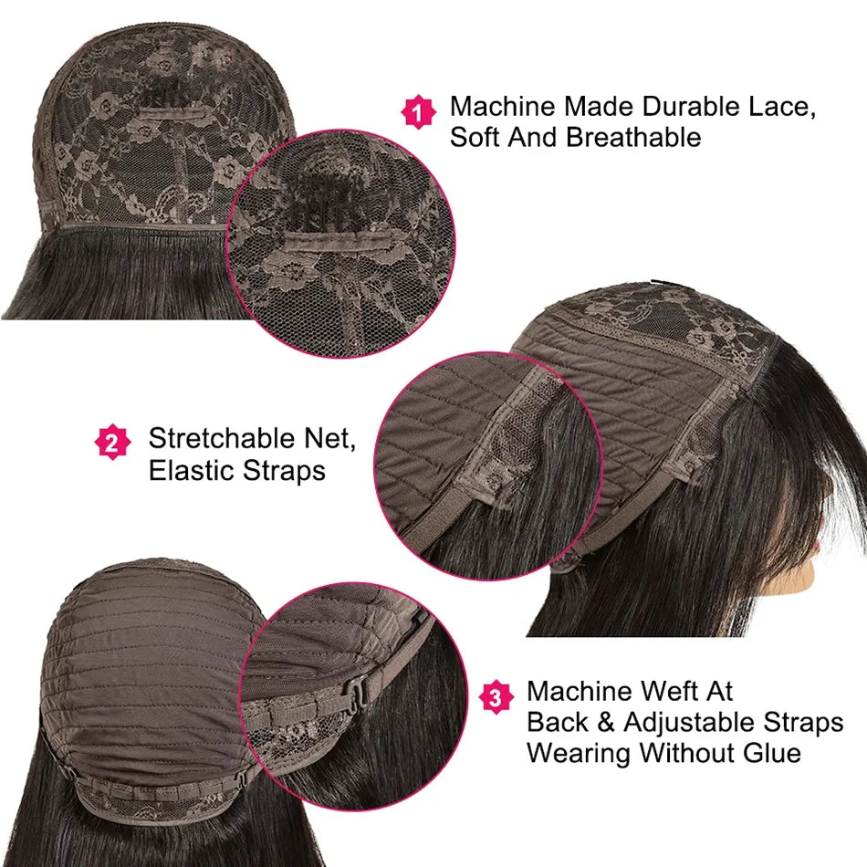 Silky Straight Human Hair Wigs With Bang Full Machine Made Wigs 8-30inch Natural Color AHJF Peruvian Remy Human Hair Wigs 180%