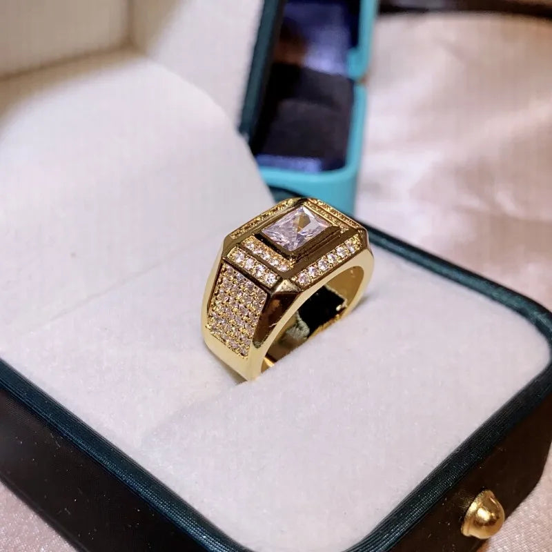 Fashion 14K Gold Plated Rings for Men Women Rectangular Diamond Crystal Zircon Finger Ring Jewelry 2025 Gift Anillos Mujer