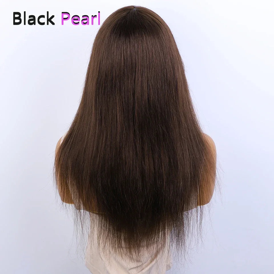 Sleek Chocolate Brown Long Straight 100% Human Hair Wig With Bangs For Women Brazilian Remy Hair Full Machine Made Daily Wigs