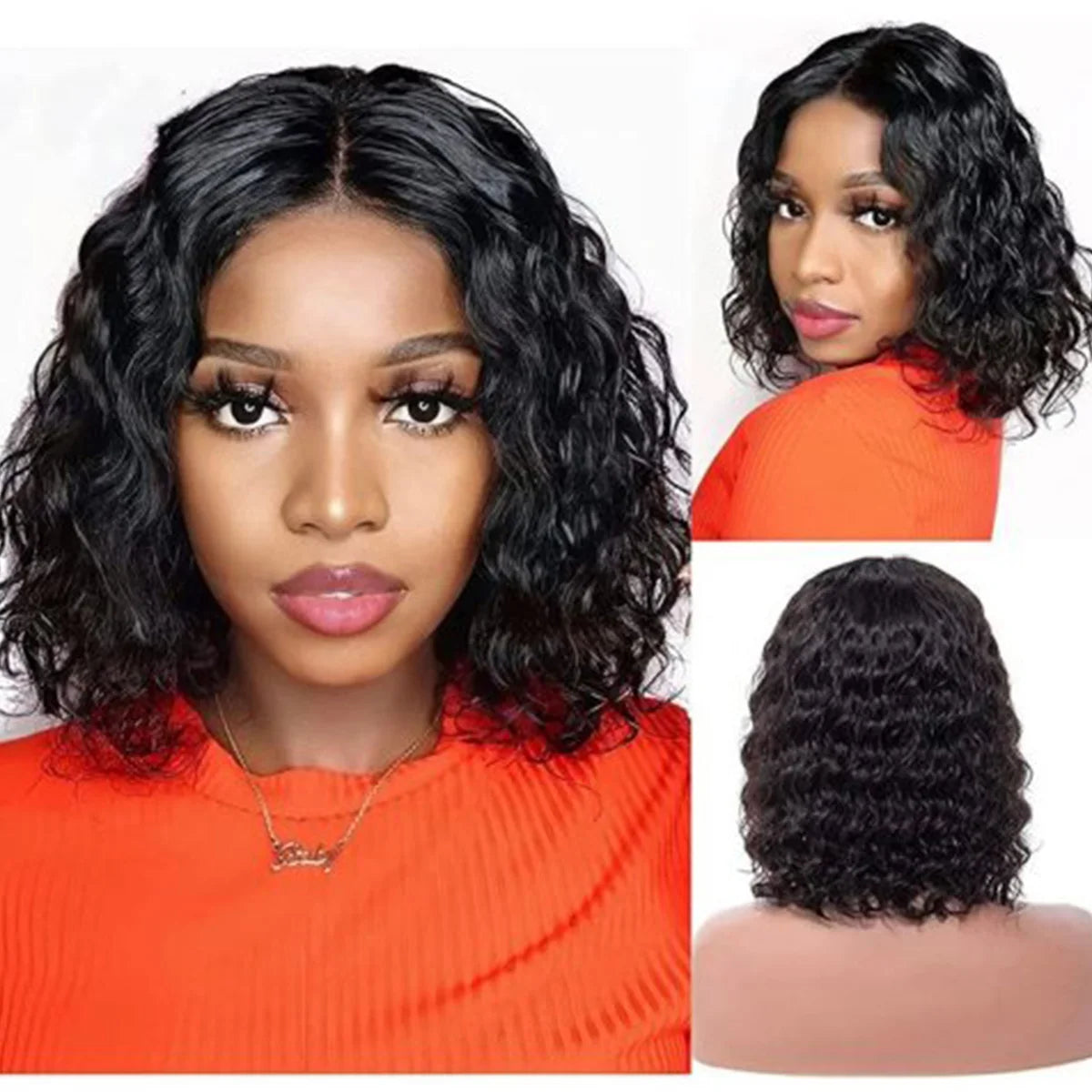 Deep Wave 180% Density Pre-Plucked Side Part Short Bob 13*4 Lace Frontal Brazilian Virgin Human Hair Wigs For Black Woman