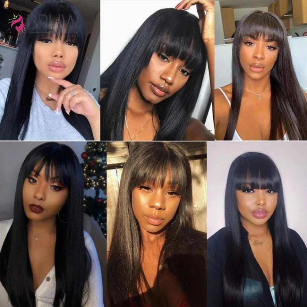 Straight Human Hair Wigs Full Machine Made 100% Human Hair Wigs With Bangs For Women Brazilian Cheap Wig On Sale Clearance BPHW