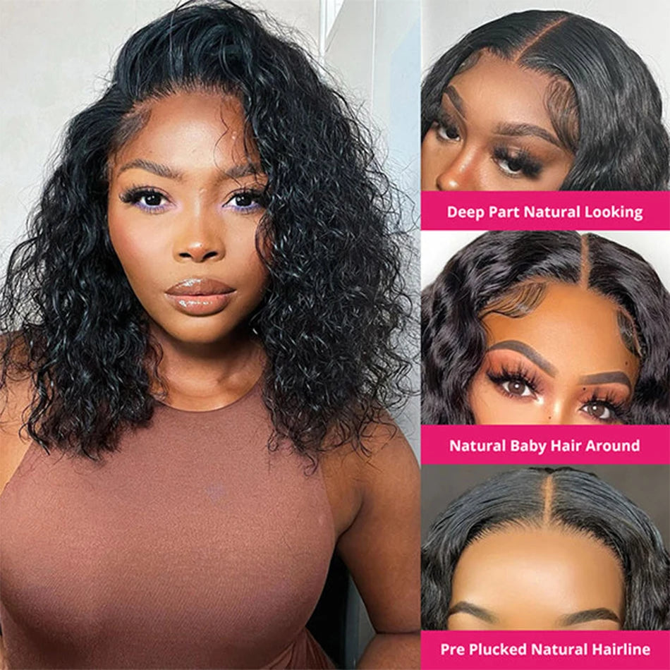 Wear And Go 13x4 Deep Wave Human Hair Short Bob Wigs For Women Ready To Go Glueless Kinky Curly Lace Front Wig Pre Cut No Lace