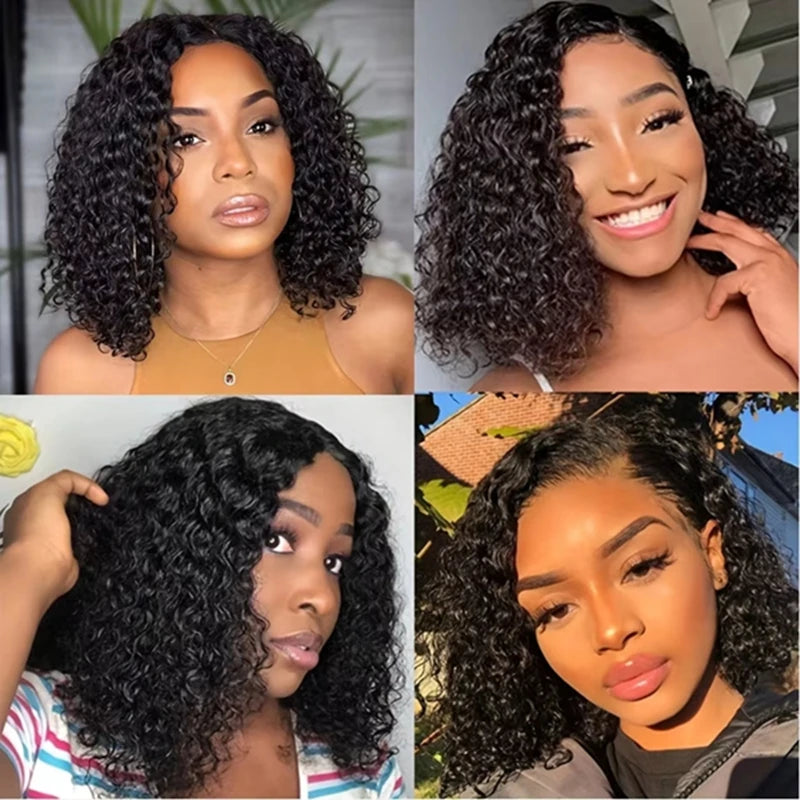 Deep Wave Human Hair Wigs Short 13x4 Lace Frontal Bob Wig 200% Density Water Wave Transparent Lace Pre Plucked Wigs For Women 1B