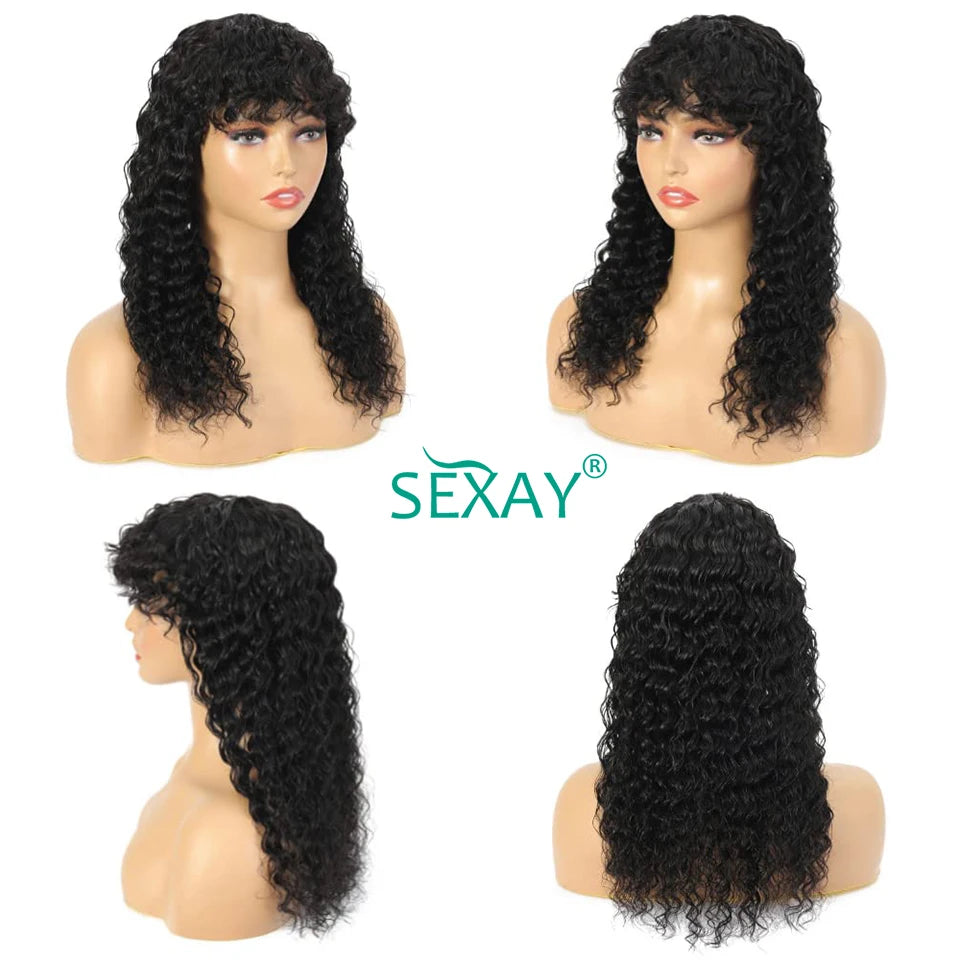 PU Fake Scalp Human Hair Wigs With Bangs 16-32 Inch Brazilian Deep Wave Curly Bangs Human Hair Fringe Wig 180 Density For Women