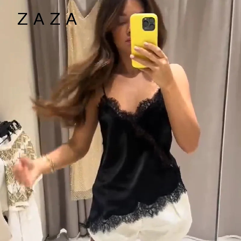 Summer Women Halter Top Satin Lace Spliced Tank Backless Deep Neck Sexy Vest Irregular Hem Vestidos 2025 Lady Vacation Sexy Tops