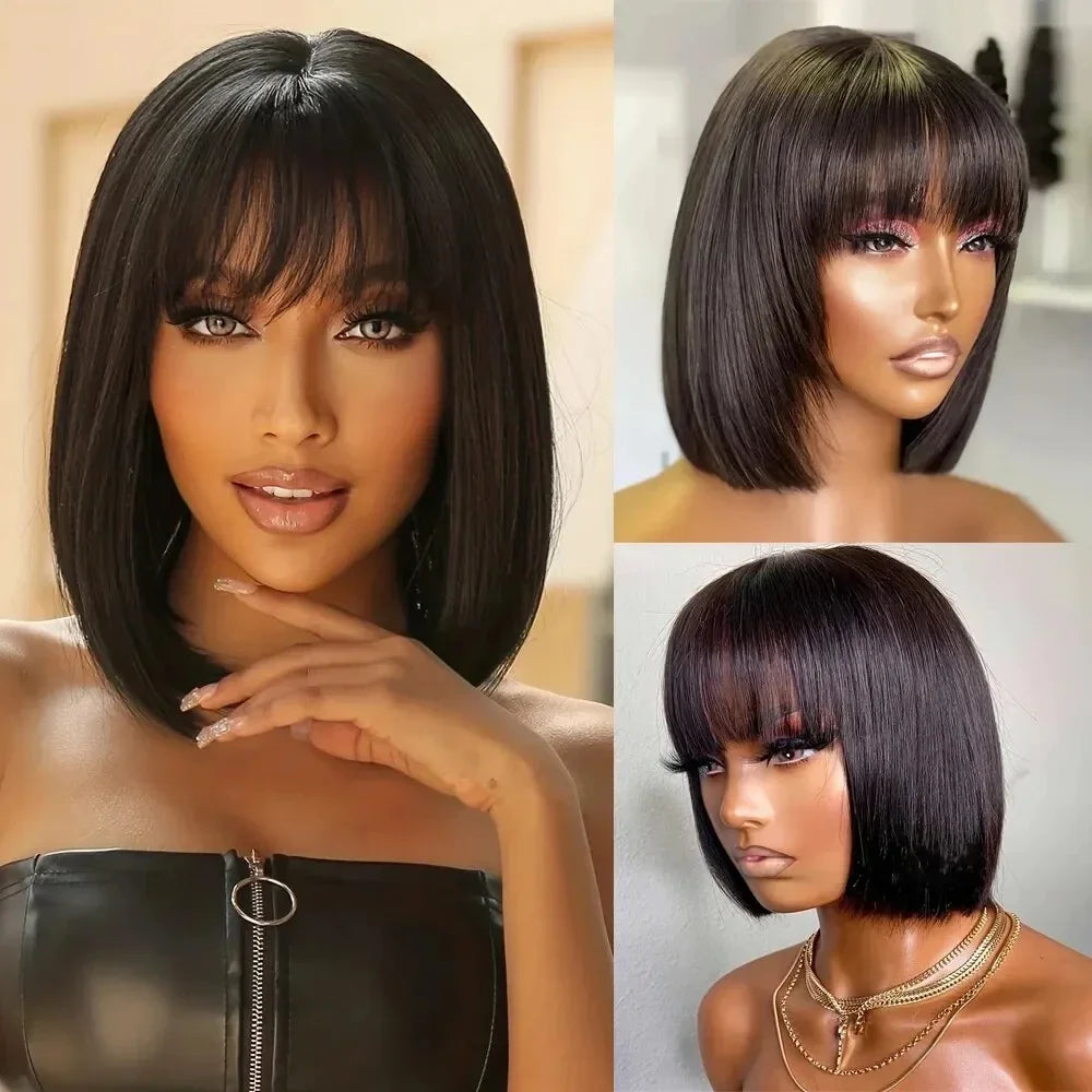 12A Straight Human Hair Wig With Bang Brazilian Wig Wholesale Fringe Wig Long Inch Full Machine Made Wig For Women Short Bob Wig